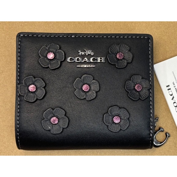 Coach Snap Wallet Floral Applique Tea Rose Leather Gunmetal Black CAP16 NWT - Picture 1 of 8